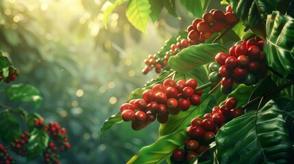 Coffee beans on a branch, lush green foliage, ripe red berries ready for harvest, realistic detail, natural sunlight - Powered by Adobe