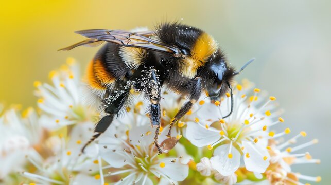 A bee pollinates a flower. The bee is covered in pollen. The flower is white and has yellow pollen. The bee is black and yellow.