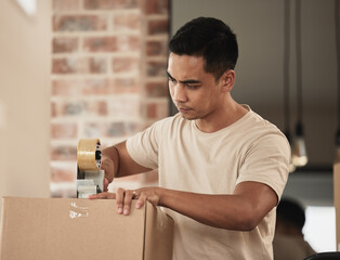 Box, packing and tape with man moving house for growth, investment or property relocation. Getting...