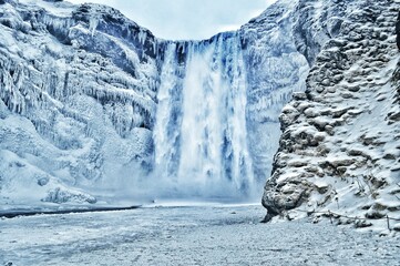 Frozen Skogafoss Waterfall in Iceland in Winter