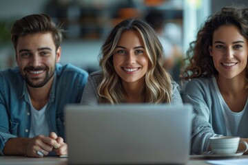 Three young adults are seen smiling at the camera with a laptop suggesting a casual business or study setting