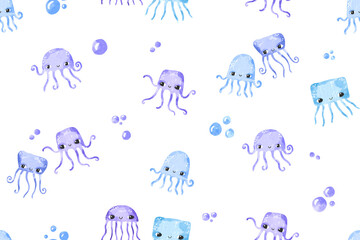 Seamless pattern with blue jellyfish. Underwater world and ocean. Background for children. Ideal for textiles, wrapping paper, children's room