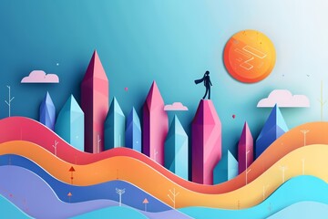 Obraz premium Paper Effect greeting card concept illustration of business growth in futuristic styles, includes a banner with copy space
