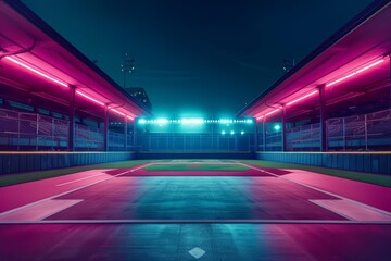 View a baseball stadium through a cyberpunk lens, with neonlit dugouts and a silent, empty field, including copy space - obrazy, fototapety, plakaty