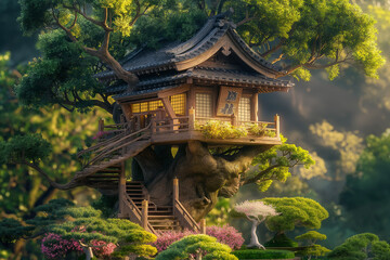 japanese temple in the garden, Step into a world of enchantment with a fantasy Japanese tree house nestled within a peaceful bonsai garden,