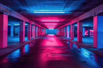 Fototapeta premium Neon multi-level underground parking in a shopping center. Modern nightlife