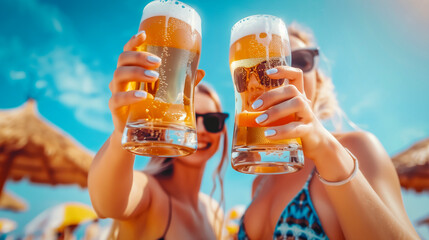 young caucasian women on vacation enjoying and holding a beer in a resort pool - all inclusive hotel and summertime concept