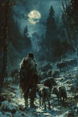 A knight meeting a group of wolves at the edge of a dark forest, the moon casting long shadows