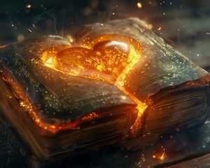 A mystical artwork where a heart in gold levitates over a digitally enchanted book