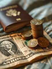 A passport and foreign currency exchange on a traveler s bed