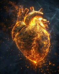 A powerful representation of a heart beating gold sparks in a pulsating digital world
