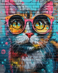 A pop artstyle mural featuring a cat in vibrant street fashion posing in an urban alley
