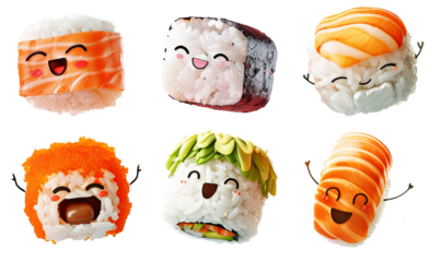 Set of different cute kawaii sushi on png background. 