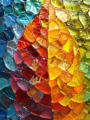 A surreal artwork of a giant leaf made from recycled glass shards in vivid colors