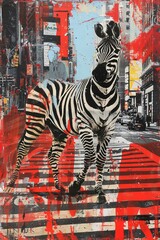 A stylish zebra crossing a city street, blended into a pop art collage