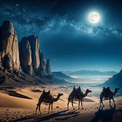A group of camels walking through a desert landscape at night, with a full moon in the background. The desert is surrounded by rugged, rocky mountains
