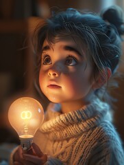 A touching scene of a child learning to interact with a digital light bulb that teaches passwords and security awareness