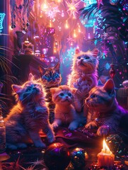 five cute cats in a room full of christmas decorations