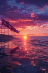 flags at sunset over calm water with pink and purple sky