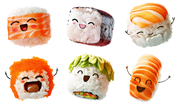 Set of different cute kawaii sushi on png background.  - Powered by Adobe