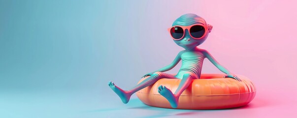summer minimal concept art of a little alien sitting on an inflatable raft