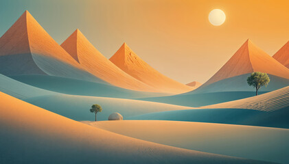 A serene landscape with a large sun setting over a lake surrounded by mountains. The foreground features vibrant orange and yellow vegetation, creating a warm and tranquil atmosphere