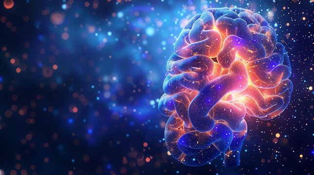 A glowing blue and orange brain with a starry background.