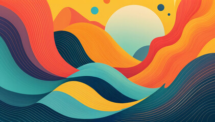 Colorful abstract landscape with rolling hills, and a bright sun in the sky. The background features a vibrant palette of orange, yellow, blue, and green hues with a textured, stylised appearance.