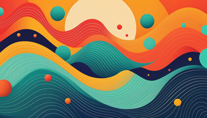 Colorful abstract landscape with wavy hills, sun, and floating spheres in shades of (orange, blue, and green|Vibrant abstract landscape with rolling hills, a radiant sun, and drifting orbs in hues of 