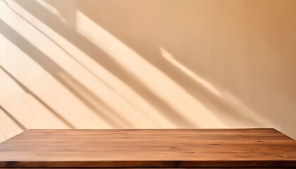 Empty Wooden table top with blurry background of shadow cream wall. Generative ai