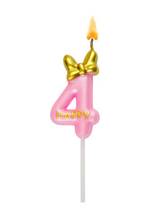 Pink birthday candle with gold bow isolated on white background. Number 4.	