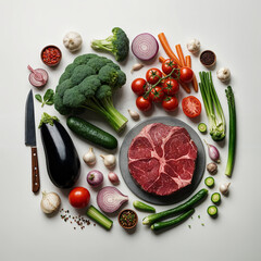 Assortment of fresh vegetables and raw meat on a white background, including broccoli, tomatoes, carrots, onions, garlic and a slab of red meat