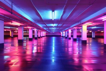 Neon multi-level underground parking in a shopping center. Modern nightlife