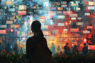 A young woman stands in front of a large digital billboard, gazing at the colorful and ever-changing images