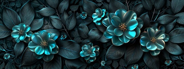 3D render, abstract dark background with turquoise blue flowers and leaves in the style of fractal art. Shiny black wallpaper with an intricate floral design.