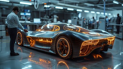 An engineer inspecting the aerodynamic design of a sleek, concept sports car using digital simulation software