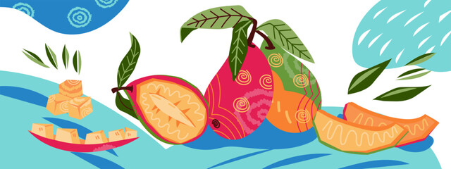 Mango fruits decorative image for food packaging and summer prints, flat hand drawn vector illustration. Decorative composition with mango.