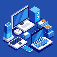 Isometric icon of computers, laptops, liaisons and technology equipment. Copy space, creative banner for computer service, tech repair, cloud storage. White blue colors. 