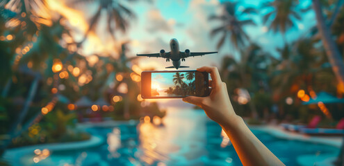 Person capturing an airplane flying overhead using a smartphone camera at a tropical destination with palm trees and sunset in the background.