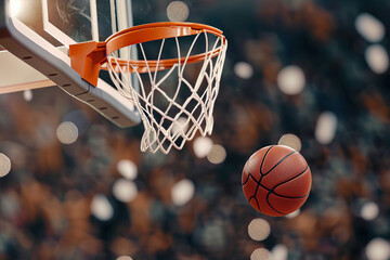 Fototapeta premium Orange Basketball Ball, Basket Net Hoop, Sport Arena NBA Game, Team Play