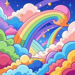 Anime drawing of colorful clouds and a rainbow on the sky.