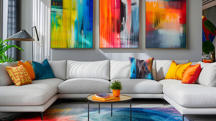 Stylish living room with colorful abstract paintings and modern sectional couch