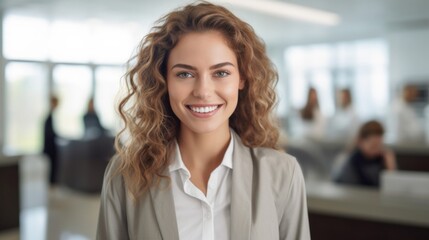 Fototapeta premium Smiling beautiful female professional manager standing with arms crossed looking at camera, happy confident business woman corporate leader boss ceo posing in office, headshot close up portrait