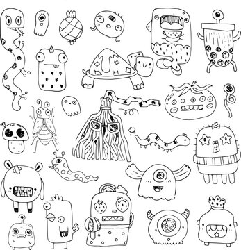 Monster Icon Drawing outline doodles style and Vector.