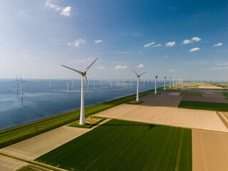 A mesmerizing aerial view captures a wind farm near the ocean in the Netherlands Flevoland, where...