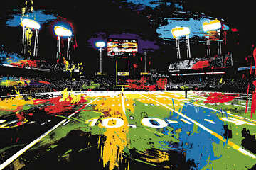 Obraz premium Colorful Sport Arena American Football Field, Soccer Ball Event Illustration