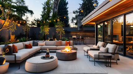 Elegant outdoor terrace with modern furniture and warm fire pit under evening lights