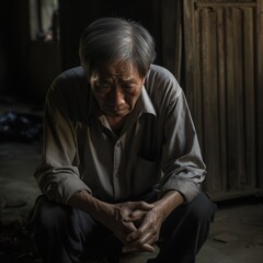 Burnout and stress psychology conceptual image of sitting and looking down man