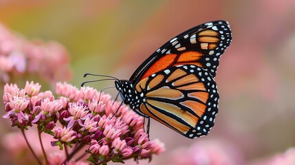 Obraz premium A monarch butterfly perches on a flower. The butterfly is orange, black, and white. The flower is pink. The background is soft and out of focus.
