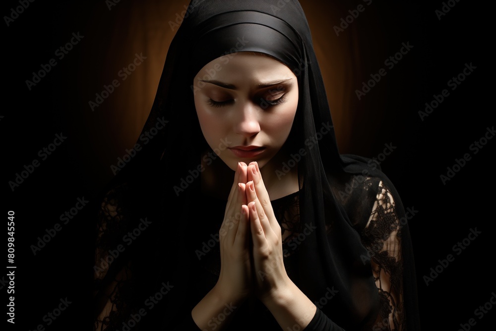 Wall mural Woman with closed eyes and praying hands. concept for faith, spirituality and religion. Peace, hope, dreams concept